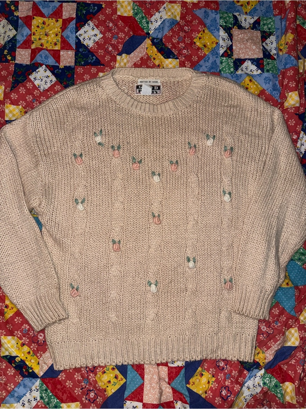 Chunky Cream Crewneck Sweater with Pink Embroidered Tulips